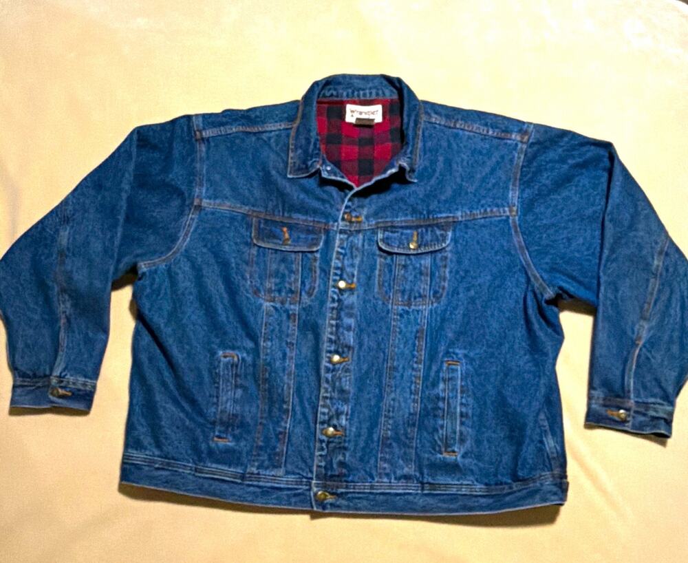 Wrangler Mens 4X Big & Tall Blue Denim Jacket Plaid Lined Button Front Pockets